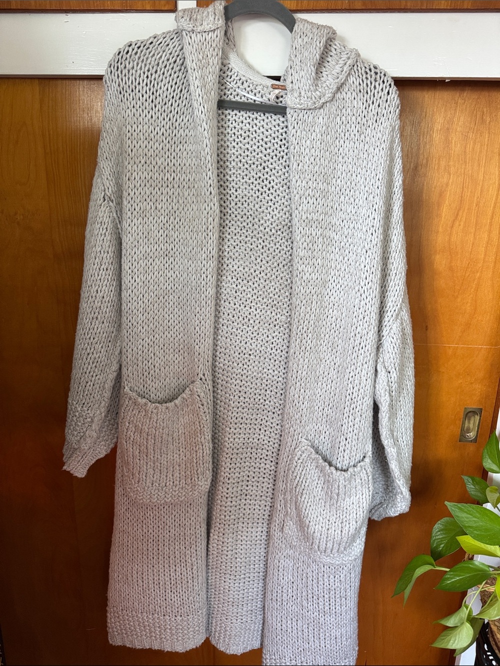 Free People Cozy Hooded Open-Front Heavy Cardigan Sweater - Light Gray